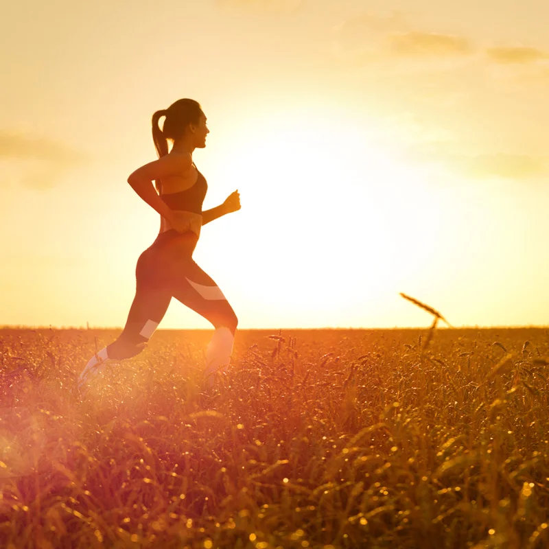 young sporty woman at sunset in wheat field